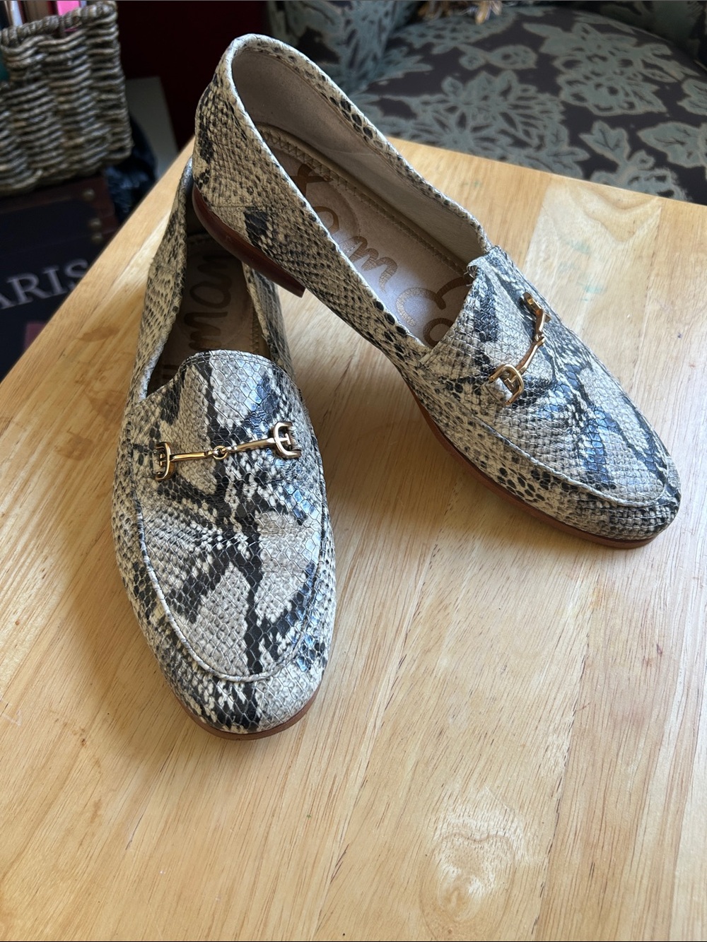 Sam Edelman Snake-Print Loafers with Gold Bit Accent - Neutral/Black size 7.5